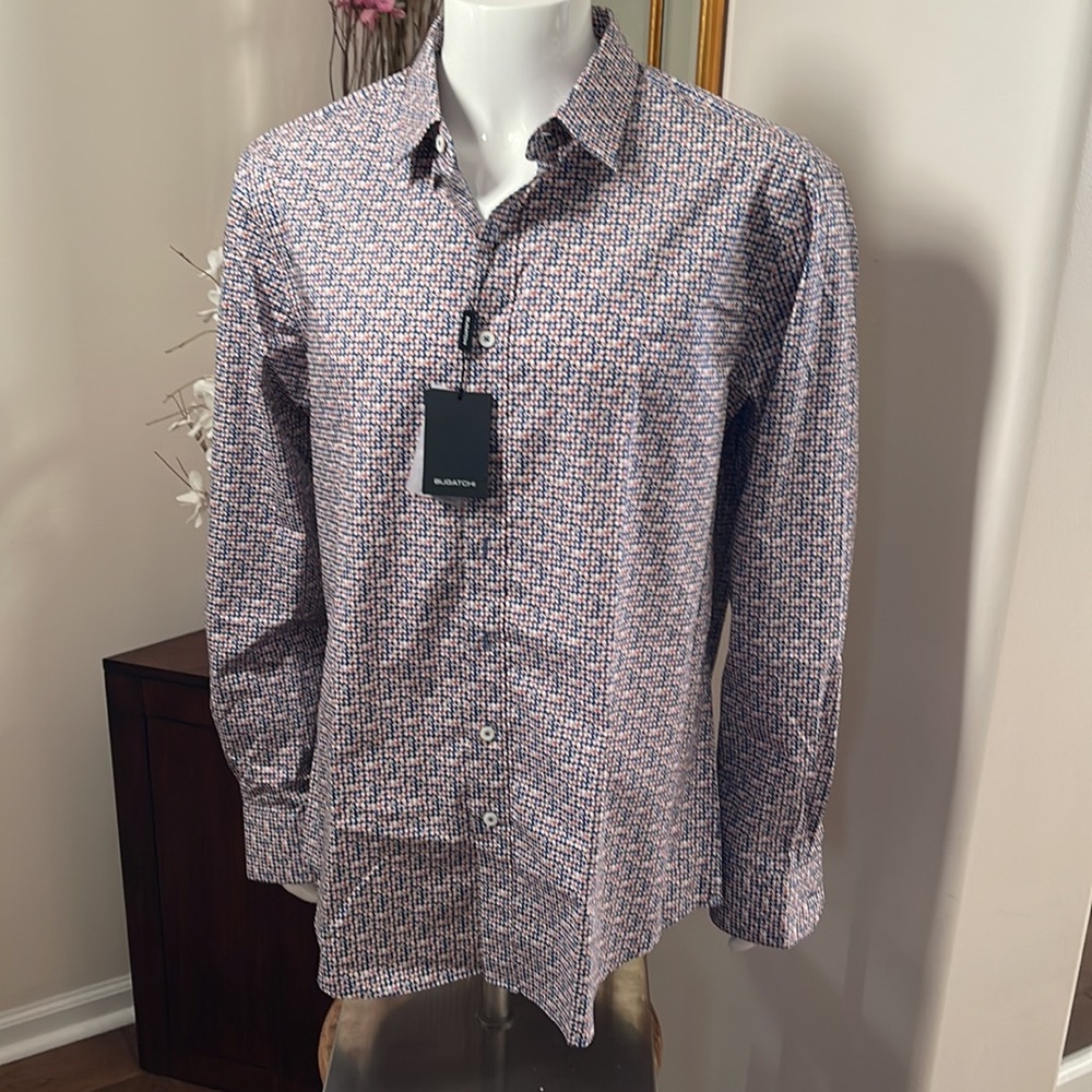 Bugatchi Comfort Stretch Coral/Blue Pattern Tapered Fit Button Down Shirt